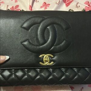 CC Quilted Black Leather Shoulder Bag with Gold Hardware